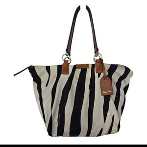 VTG Dooney & Bourke Zebra Print Tote Bag Nylon Leather Trim White Black Brown